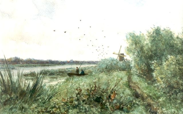 Willem Roelofs | Vissers bij een riviertje, aquarel op papier, 21,2 x 33,2 cm, gesigneerd r.o.