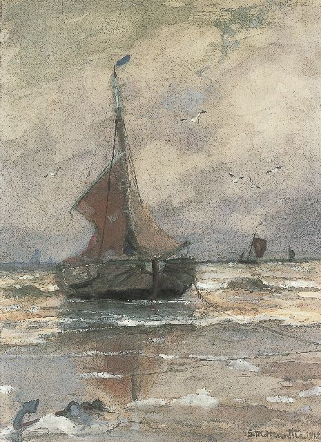 Morgenstjerne Munthe | Bomschuit voor anker in de branding, Katwijk, aquarel op papier, 38,0 x 28,0 cm, gesigneerd r.o. en gedateerd 1912