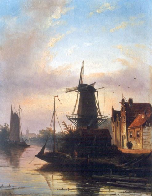 Jacob Jan Coenraad Spohler | Zomers riviergezicht met een windmolen, olieverf op paneel, 22,3 x 17,2 cm, gesigneerd l.o. met initialen