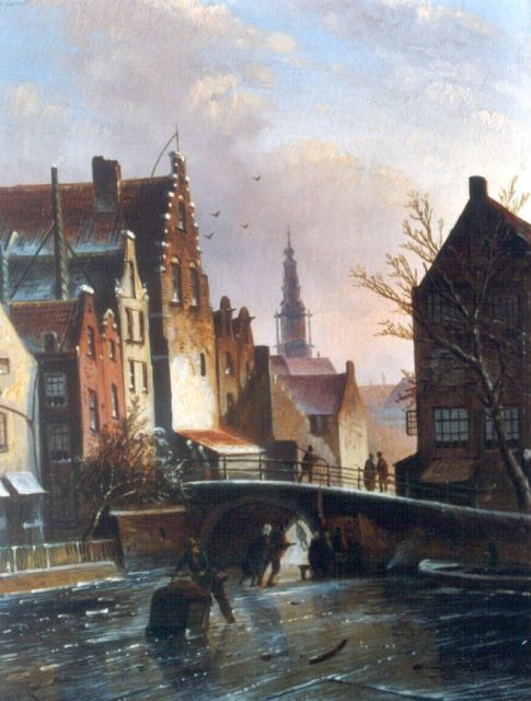 Jacob Jan Coenraad Spohler | Schaatsers op een stadsgracht, olieverf op paneel, 22,2 x 17,1 cm, gesigneerd l.o. met initialen