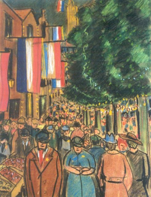 Bob Lokhorst | Kroningsfeest Amsterdam, 1948, gekleurd krijt op papier, 32,4 x 24,9 cm, gesigneerd r.o. en gedateerd sept. '48