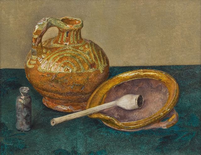 Hettinga Tromp T.G.M. van | Stilleven met aardewerken kruik, schaal en pijp, olieverf op paneel 21,5 x 27,1 cm, gesigneerd l.o. en gedateerd 1910