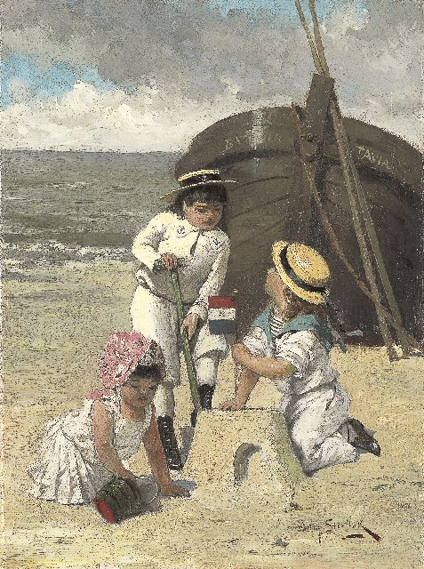 Willem Steelink jr. | Spelende kinderen met een zandkasteel, olieverf op doek, 28,3 x 20,9 cm, gesigneerd r.o.