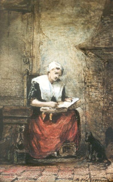 Martinus Wilhelmus Liernur | Bijbellezende vrouw, aquarel op papier, 10,3 x 6,8 cm, gesigneerd r.o. en gedateerd 1853