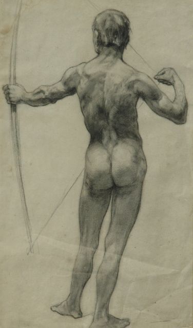 Onbekend | Naaktstudie van man, op de rug gezien i.o., houtskool en krijt op papier, 52,0 x 17,0 cm