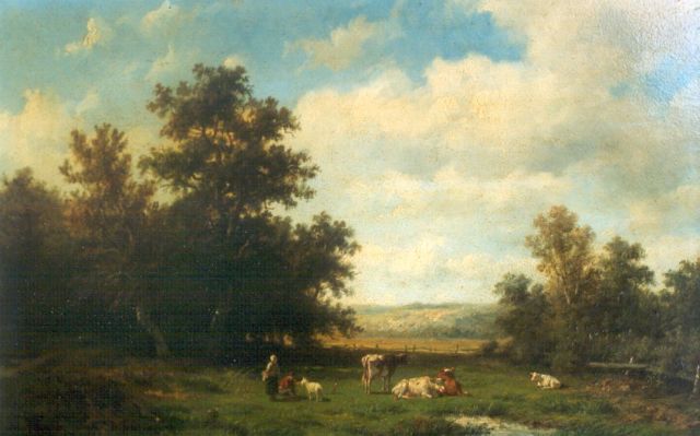 Anthonie Jacobus van Wijngaerdt | Bij het vee in de wei, olieverf op paneel, 23,2 x 36,0 cm