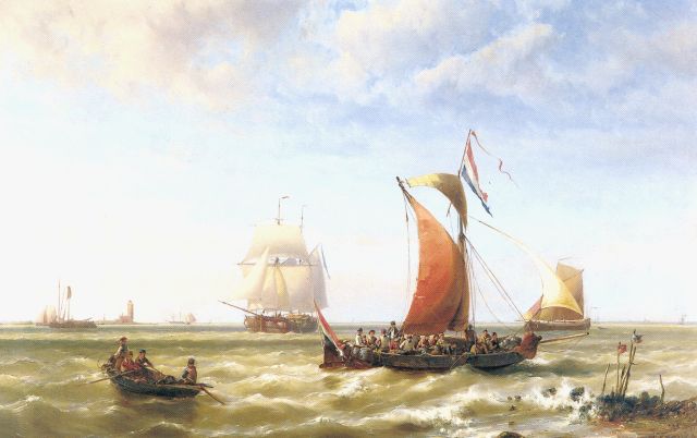 Hermanus Koekkoek jr. | Pleziervaart langs de kust, olieverf op paneel, 78,5 x 120,0 cm, gesigneerd r.o. en gedateerd 1868