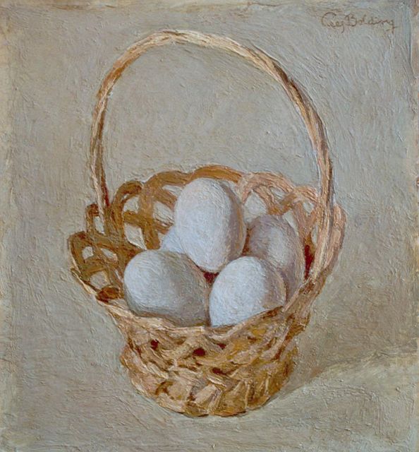 Cees Bolding | Gevlochten mandje met eieren, olieverf op paneel, 28,3 x 25,6 cm, gesigneerd r.b.