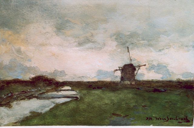 Jan Hendrik Weissenbruch | Polderlandschap met molen, aquarel op papier, 14,9 x 23,0 cm, gesigneerd r.o.
