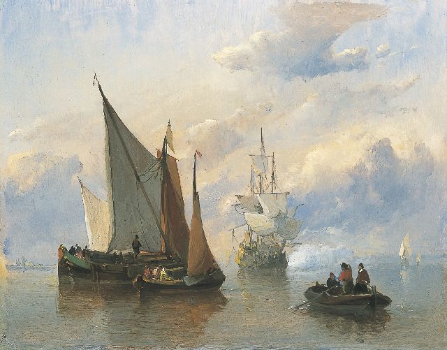 Everhardus Koster | Zeilschepen en driemaster op kalme zee, olieverf op paneel, 19,2 x 24,6 cm