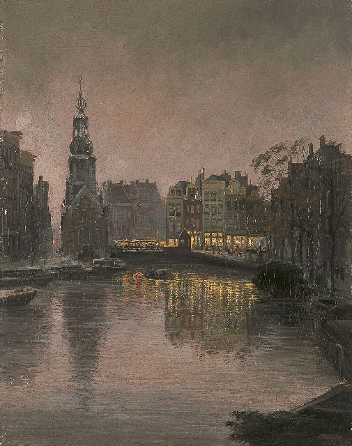 Jan Hermanus Melcher Tilmes | Gezicht op het Singel en Muntplein bij avond, Amsterdam, olieverf op doek, 56,3 x 44,5 cm, gesigneerd r.o.