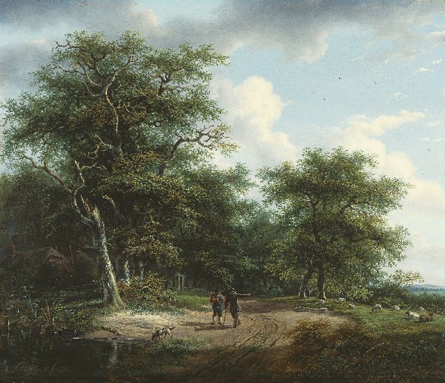 Andreas Schelfhout | Twee figuren in een zomers landschap, olieverf op paneel, 33,9 x 40,0 cm, gesigneerd l.o. en te dateren ca. 1812-1815