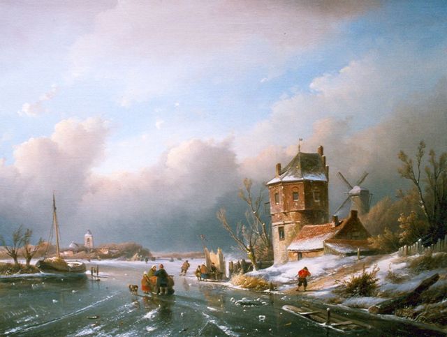 Jan Jacob Spohler | Figuren op het ijs bij een koek-en-zopie, olieverf op doek, 52,2 x 69,6 cm, gesigneerd l.o.