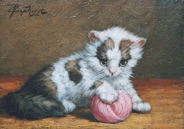 Cornelis Raaphorst | Katje met knot wol, olieverf op paneel, 12,9 x 18,0 cm, gesigneerd l.b.