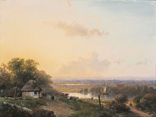 Andreas Schelfhout | Wandelaars op een pad in een panoramisch landschap, olieverf op paneel, 19,0 x 25,5 cm, gesigneerd l.o. en te dateren ca. 1850