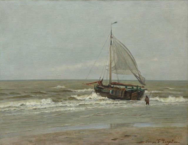 Ferdinand Julius Fagerlin | Vissersboot in de branding, olieverf op doek, 37,3 x 48,5 cm, gesigneerd r.o. en gedateerd 24.12.85