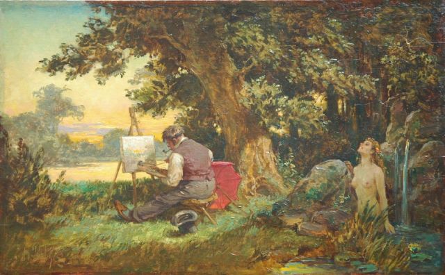 H. Prediger | De schilder en de bronnimf, olieverf op paneel, 19,6 x 31,7 cm, gesigneerd l.o.