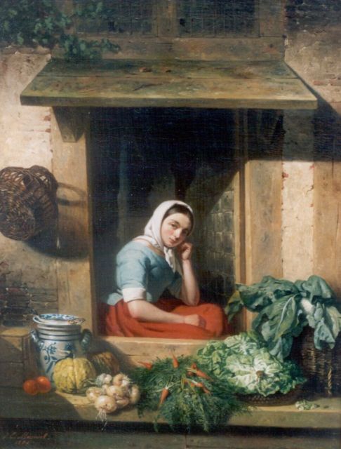 Masurel J.E.  | De groentevrouw, olieverf op doek 53,0 x 40,8 cm, gesigneerd l.o. en gedateerd 1852