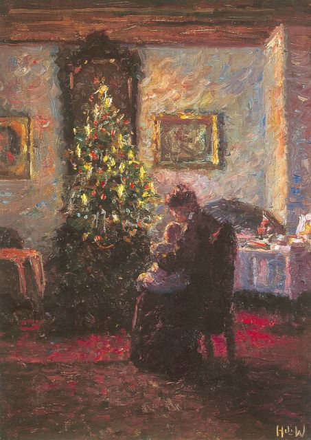 Heinrich Ferdinand Werner | Bij de kerstboom, olieverf op doek, 50,3 x 38,2 cm, gesigneerd r.o. met initialen en verso voluit en gedateerd 1909