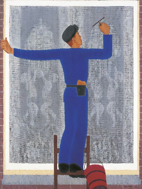 Johan van Hell | Glazenwasser aan het werk, olieverf op doek, 100,0 x 75,2 cm, gesigneerd r.o. en gedateerd 1927 -  verkocht
