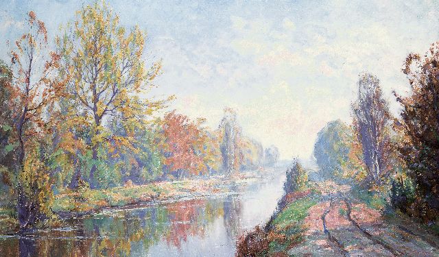 Johan Meijer | Herfstmorgen aan de Gooiersgracht bij Laren, olieverf op doek, 60,0 x 100,0 cm, gesigneerd r.o.