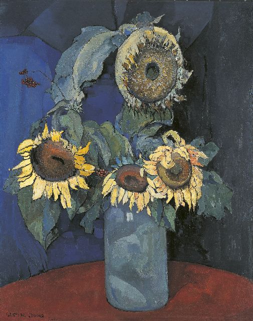 Jong G. de | Zonnebloemen in blauwe vaas, olieverf op doek 98,8 x 78,9 cm, gesigneerd l.o. en gedateerd 1921