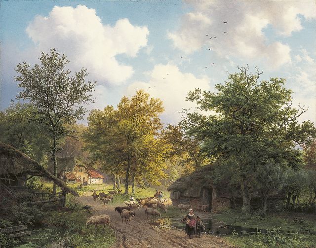 Barend Cornelis Koekkoek | Boslandschap met boerenhutten en kudde bij een schaapskooi, olieverf op paneel, 39,5 x 50,0 cm, gesigneerd l.o. en gedateerd 1851