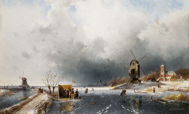Charles Leickert | Schaatsers en koek-en-zopie in opkomende storm, olieverf op doek, 61,4 x 100,3 cm, gesigneerd r.o. en gedateerd '80