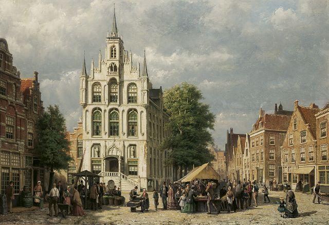 Willem Koekkoek | Gezicht op het Raadhuis van Gouda, olieverf op doek, 77,5 x 113,0 cm, gesigneerd l.o.
