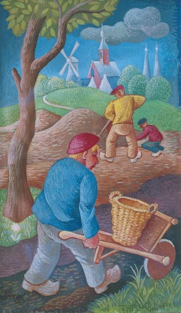 Louis Schrikkel | Boerenarbeid, gouache op papier, 24,0 x 14,0 cm, gesigneerd l.o.