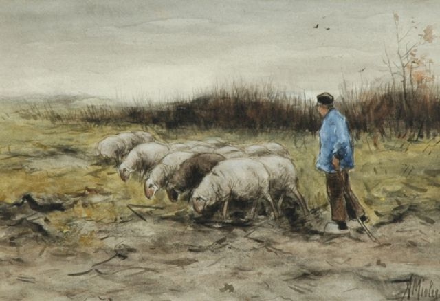 Adriaan Miolée | Herder met schaapskudde, aquarel op papier, 21,5 x 31,0 cm, gesigneerd r.o.