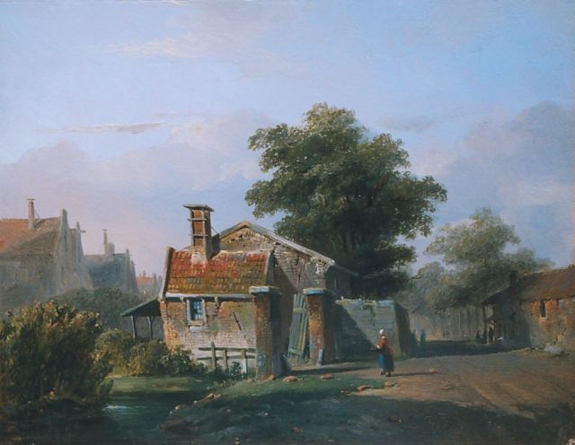 Adrianus Eversen | Huisje aan een achterpad, olieverf op paneel, 21,9 x 28,2 cm