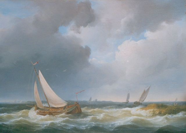 Pieter Hendrik Thomas | Zeilschepen op onstuimige kustwateren, olieverf op paneel, 24,2 x 33,9 cm, gesigneerd l.o. en vaag gedateerd