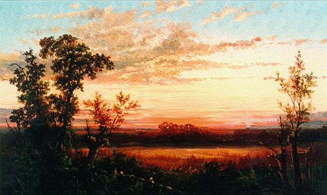 Paul Joseph Constantin Gabriel | Romantisch landschap bij avond, olieverf op paneel, 18,8 x 27,1 cm, gesigneerd r.o. en gedateerd 1855
