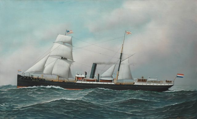 Anthony Jacobsen | Het stoom-zeilschip De Oranje Nassau onder zeil naar Amerika, olieverf op doek, 56,3 x 91,4 cm, gesigneerd r.o. en gedateerd 1901
