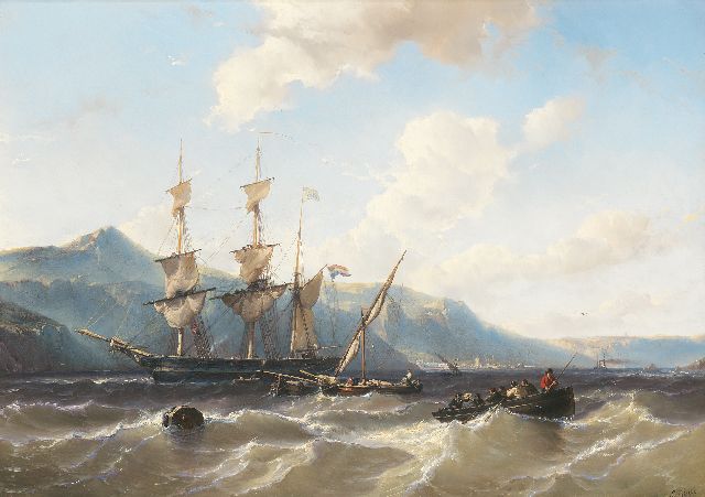 Louis Meijer | Klipper, vrachtschepen en een sloep voor bergachtige kust, mogelijk Sint-Helena, olieverf op paneel, 43,9 x 62,3 cm, gesigneerd r.o.