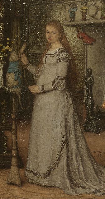 Matthijs Maris | Meisje met spinrokken, olieverf op doek, 41,4 x 22,3 cm, gesigneerd r.m. en gedateerd '73