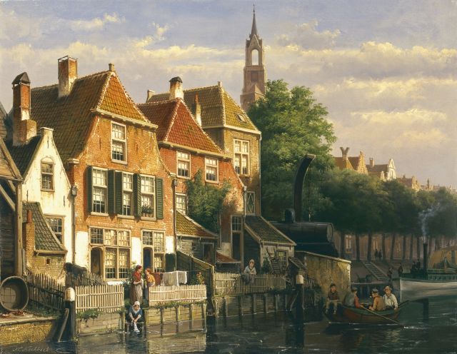 Willem Koekkoek | Zonnige stadsgracht, olieverf op doek, 54,0 x 69,0 cm, gesigneerd l.o.
