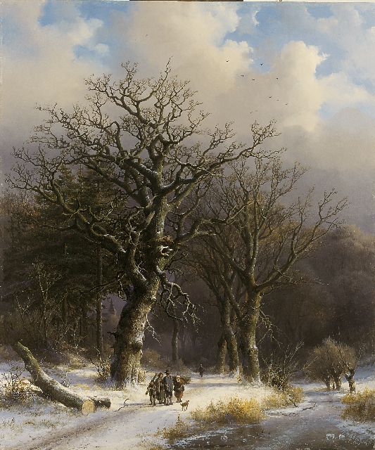 Johann Bernard Klombeck | Winters eikenwoud met houtsprokkelaars, olieverf op paneel, 69,6 x 58,4 cm, gesigneerd r.o. en gedateerd 1857