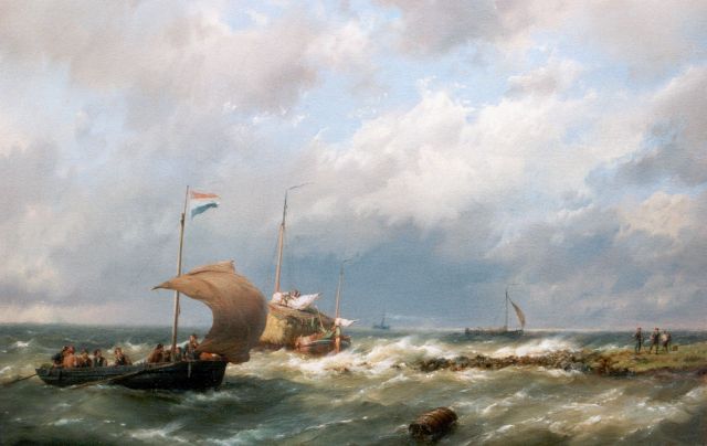 Hermanus Koekkoek | Vrachtschip en veerdienst op woelig water, olieverf op doek, 36,5 x 58,2 cm, gesigneerd r.o.