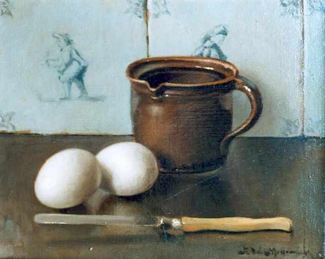 Pieter Wilhelm Millenaar | Twee eieren, een kom en een mes voor een tegelwand, olieverf op doek, 20,2 x 25,2 cm, gesigneerd r.o.