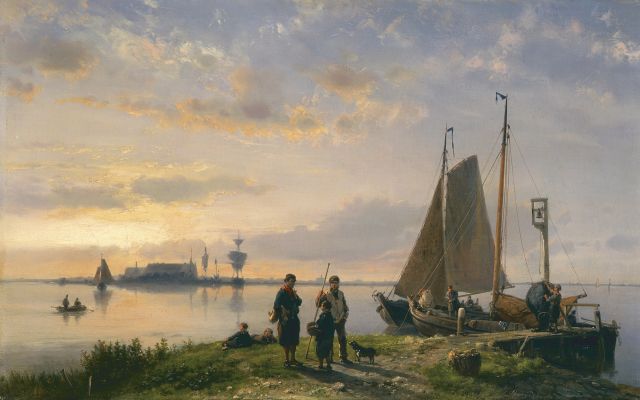 Hermanus Koekkoek | Avondstemming met vissers op de oever, olieverf op doek, 36,7 x 58,4 cm, gesigneerd r.o.