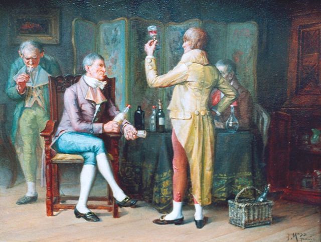 Francesco Mosso | De wijnproeverij, olieverf op paneel, 24,8 x 32,7 cm, gesigneerd r.o.