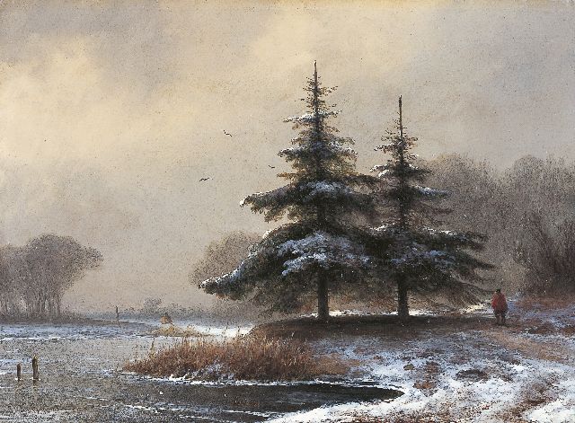 John Franciscus Hoppenbrouwers | Winterlandschap met sparren, olieverf op paneel, 21,5 x 29,0 cm, gesigneerd l.o.