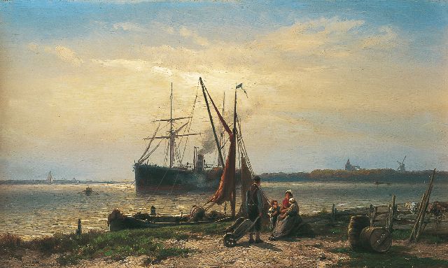 Jan H.B. Koekkoek | Stoomschip voor anker, olieverf op paneel, 24,9 x 42,1 cm, gesigneerd l.o.
