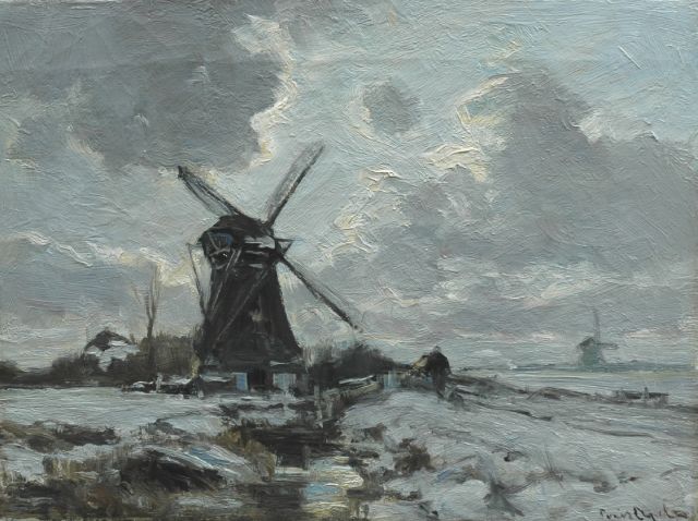 Louis Apol | Molen in een besneeuwd landschap, olieverf op doek, 30,5 x 40,6 cm, gesigneerd r.o.