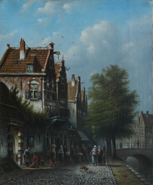 Johannes Franciscus Spohler | Dagelijkse drukte in een Oudhollands stadje, olieverf op doek, 37,5 x 31,1 cm, gesigneerd l.o.