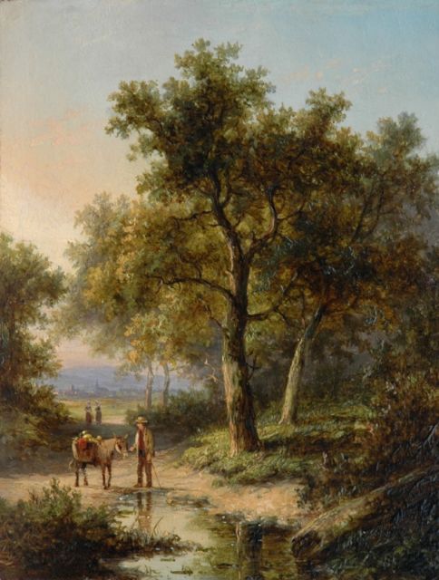 Jan Evert Morel II | Reiziger met pakezel op een bospad, olieverf op paneel, 18,1 x 13,7 cm, gesigneerd l.o.