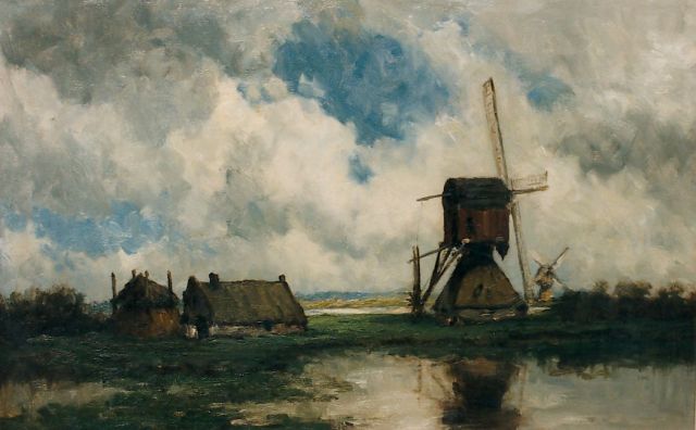 Willem Roelofs | Polderlandschap met twee molens, olieverf op doek, 46,0 x 73,0 cm