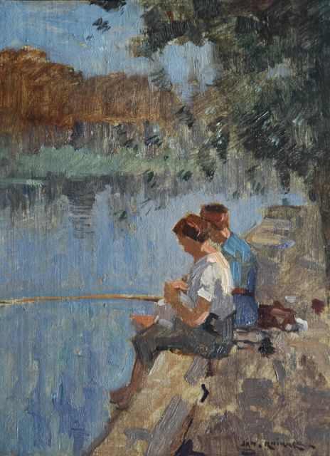 Jan Knikker sr. | Twee vissertjes op een steiger, olieverf op doek op paneel, 24,3 x 18,2 cm, gesigneerd r.o.